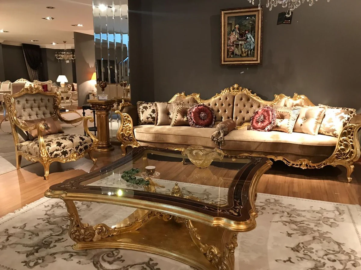 Luxury baroque living room sofa brown / cream / gold 360 x 100 x H. 115 cm - Magnificent sofa in baroque style - Noble baroque living room furniture