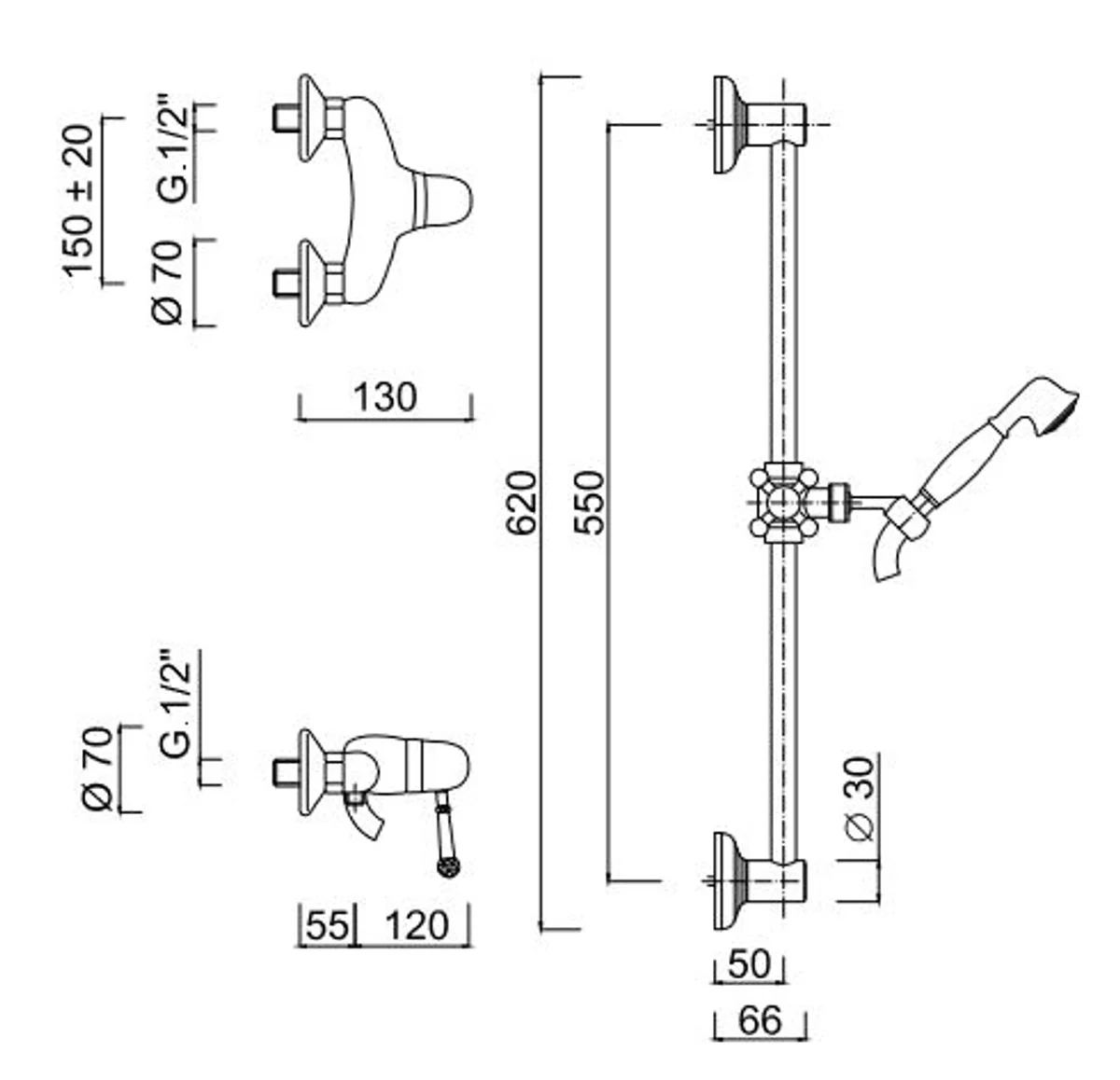 Luxury exposed single lever shower mixer with Swarovski crystal glass silver - bathroom shower set with shower rail