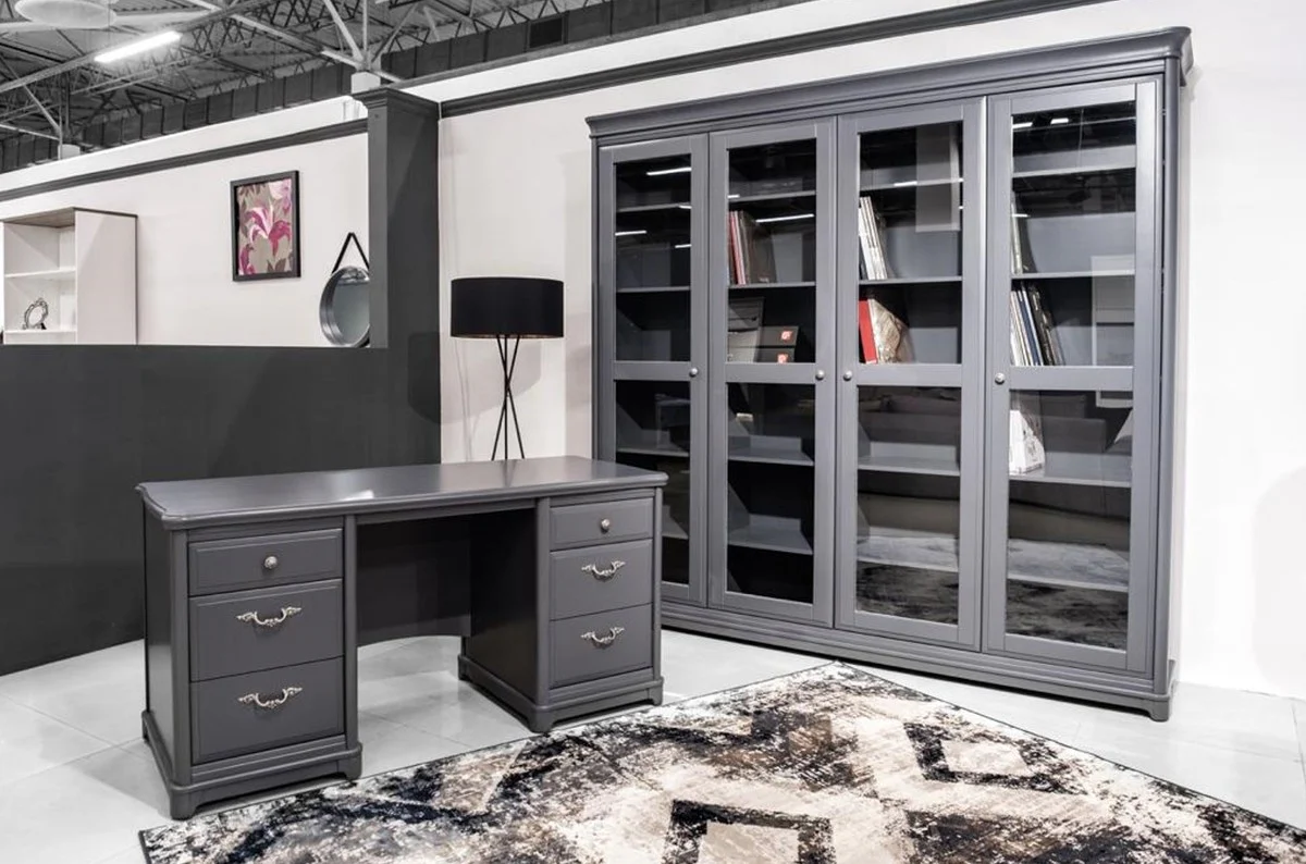 Country house style bookcase with 4 glass doors gray 234.4 cm