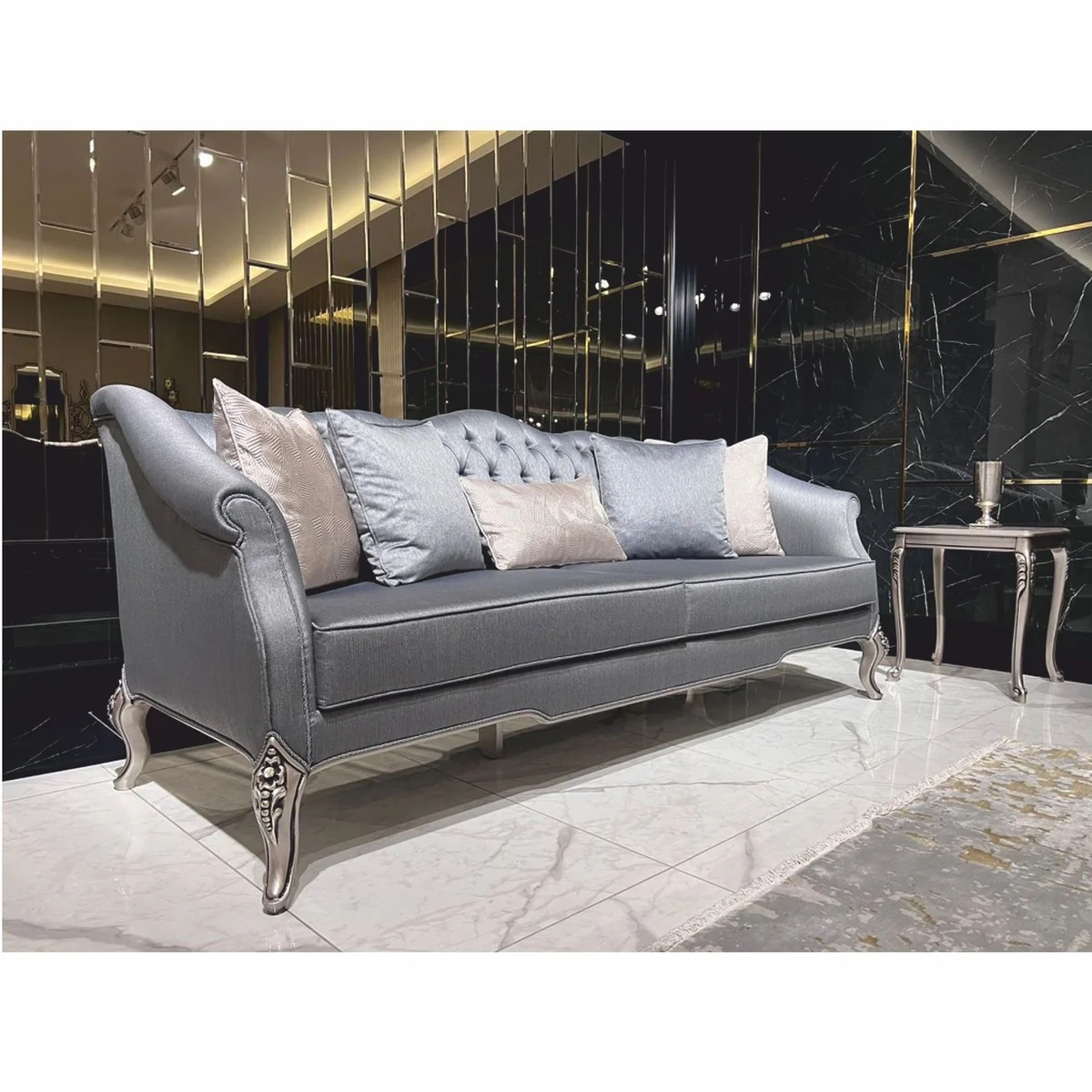 Luxury Baroque Sofa Light Blue / Silver 225 cm - Baroque style living room furniture