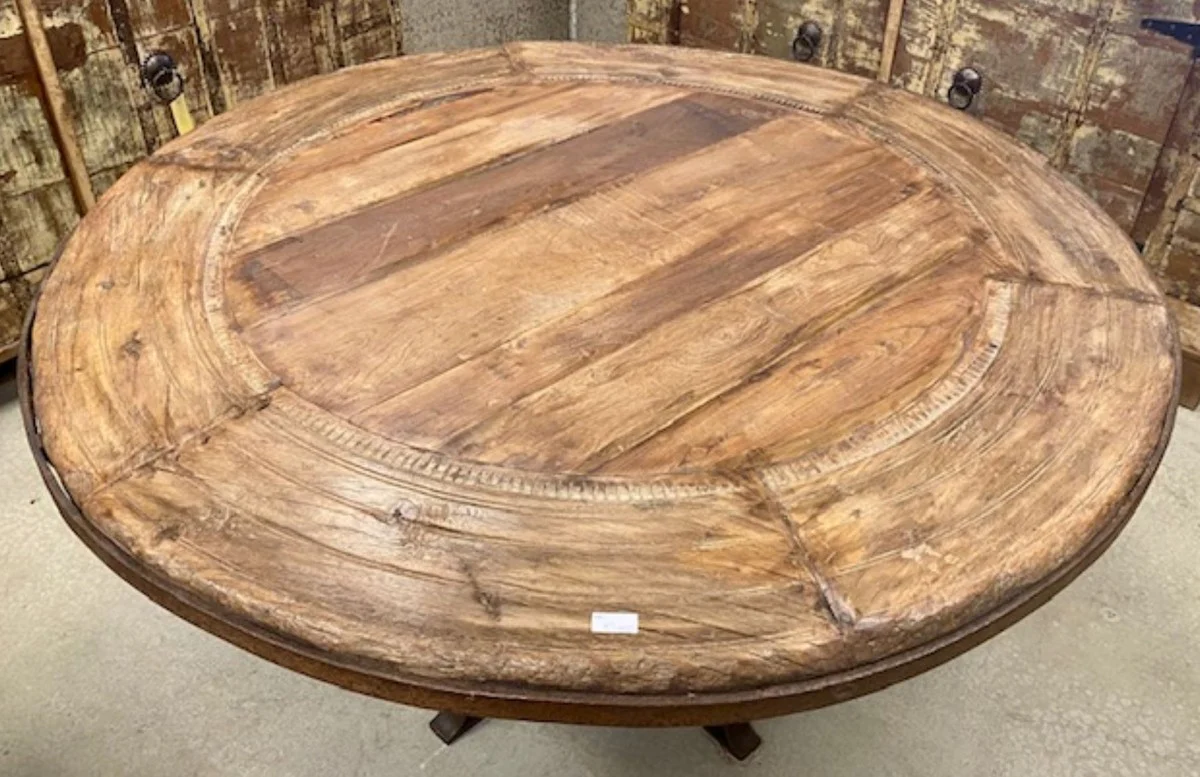 Industrial style dining table natural color / brown Ø 140 x H. 79 cm - Round industrial design kitchen table with rustic table top - Dining room furniture - Industrial style furniture