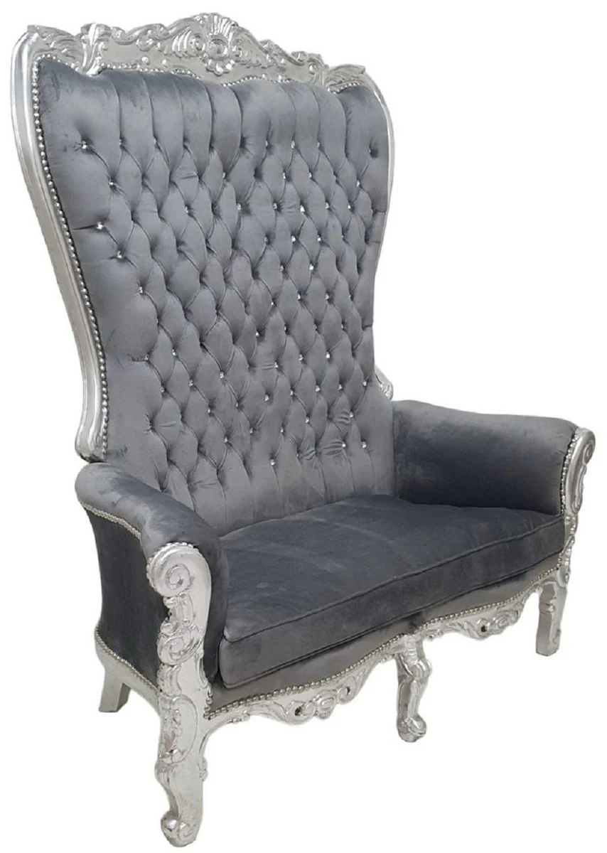 Baroque high-back 2-seater sofa gray / silver - magnificent baroque style sofa with glittering stones - living room furniture in baroque style - baroque furniture - noble & magnificent