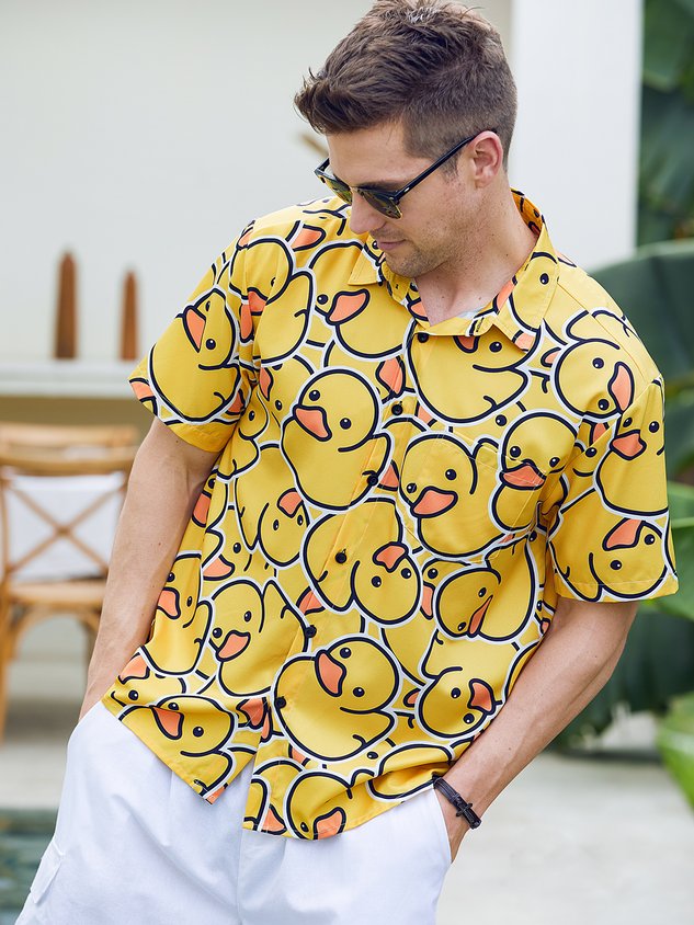 Yellow Duck Chest Pocket Short Sleeves Casual Shirt