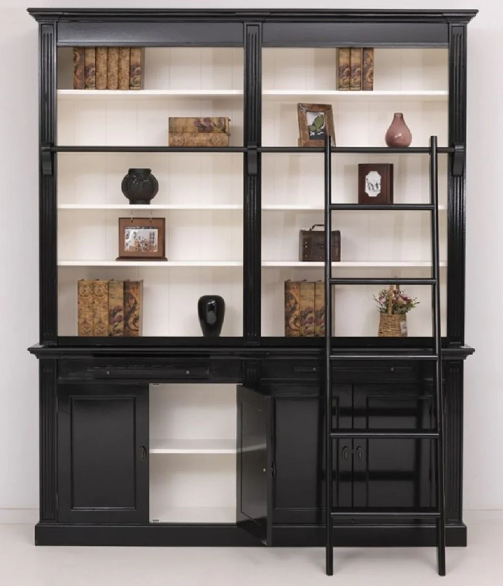 Country house style bookcase with ladder black / white 200 x 40 x H. 240 cm - solid wood cupboard - living room cupboard - shelf cupboard - office cupboard - country house style furniture