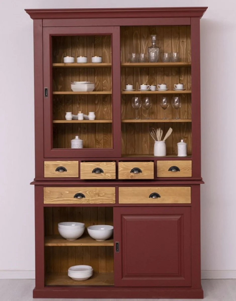 Country house style dining room cabinet Bordeaux red / natural color 142 x 48 x H. 225 cm - solid wood kitchen cabinet - country house style dining room furniture