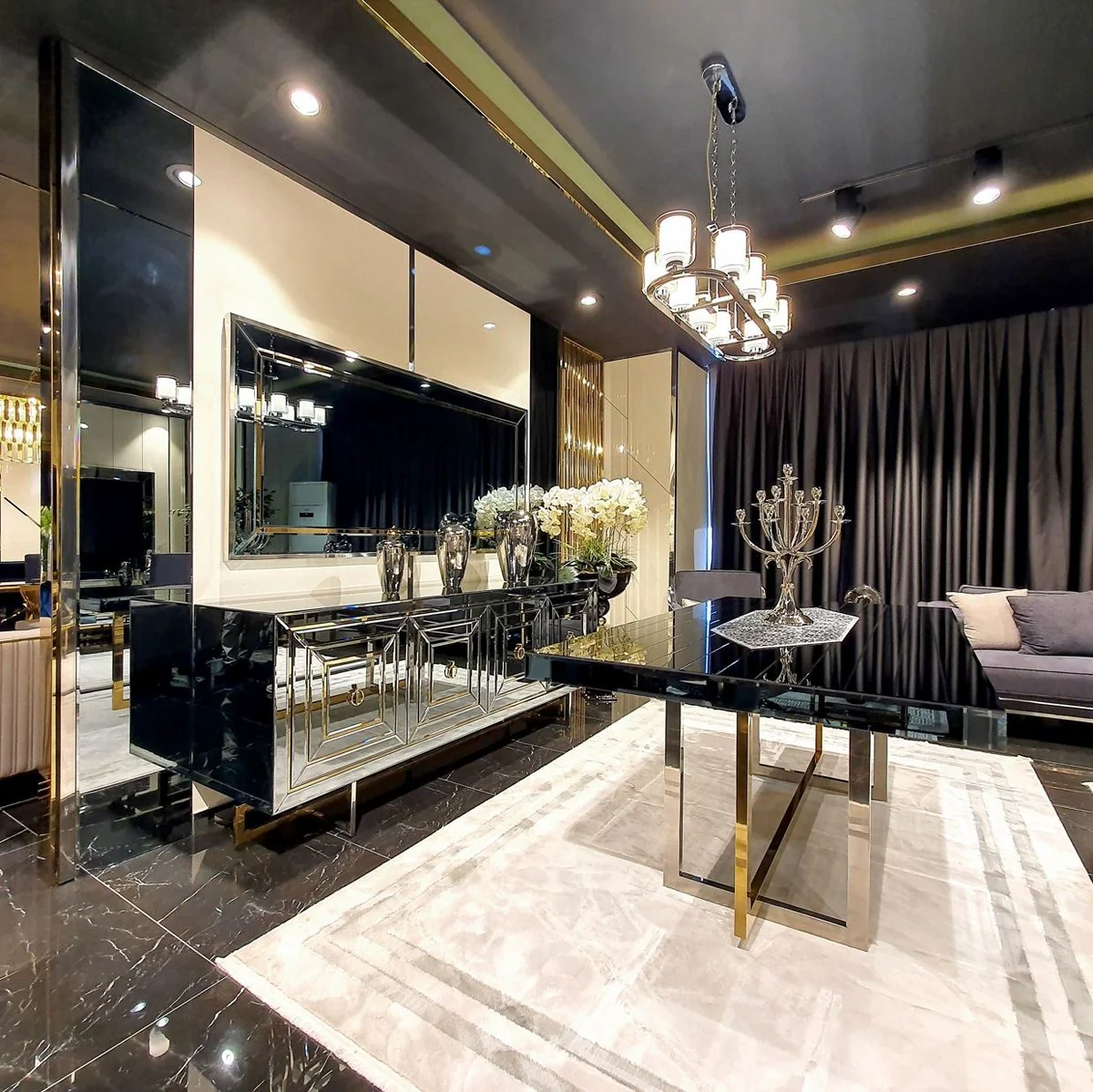 Luxury dining table silver / gold 200 x 100 x H. 77 cm - Mirrored kitchen table - Mirrored luxury dining room furniture