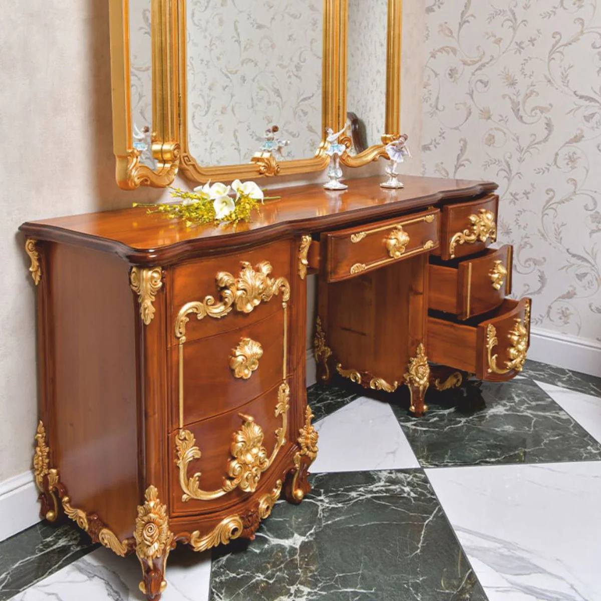 Luxus Barock Schminkkommode Braun / Gold 170 cm - Made in Italy