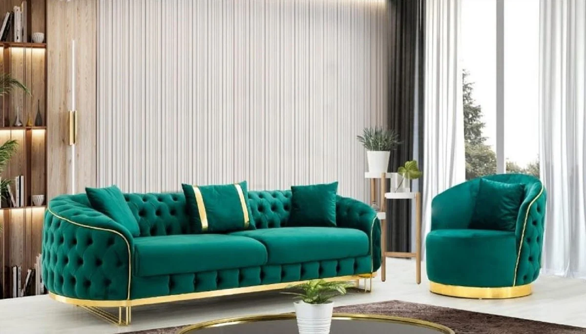 Luxury Chesterfield armchair green / gold 90 x 95 x H. 75 cm - Modern living room armchair - Chesterfield living room furniture