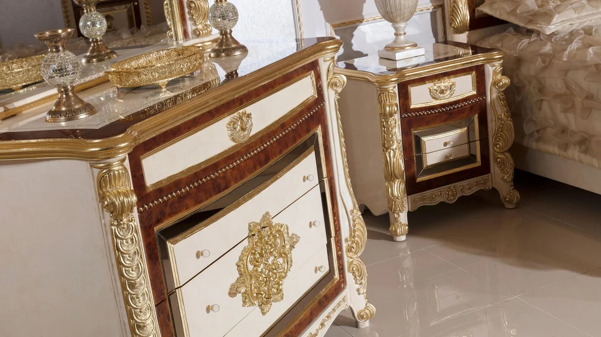 Luxury baroque nightstand white / beige / brown / gold - magnificent baroque bedside table with 3 drawers - luxury bedroom furniture in baroque style - baroque furniture - baroque furnishings