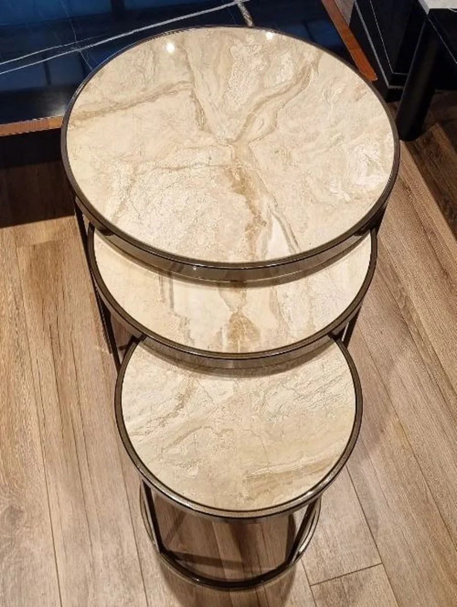 Luxury side table set beige / brass - 3 round metal tables with marble top - living room furniture - hotel furniture - luxury furniture - luxury furnishings - furniture luxury