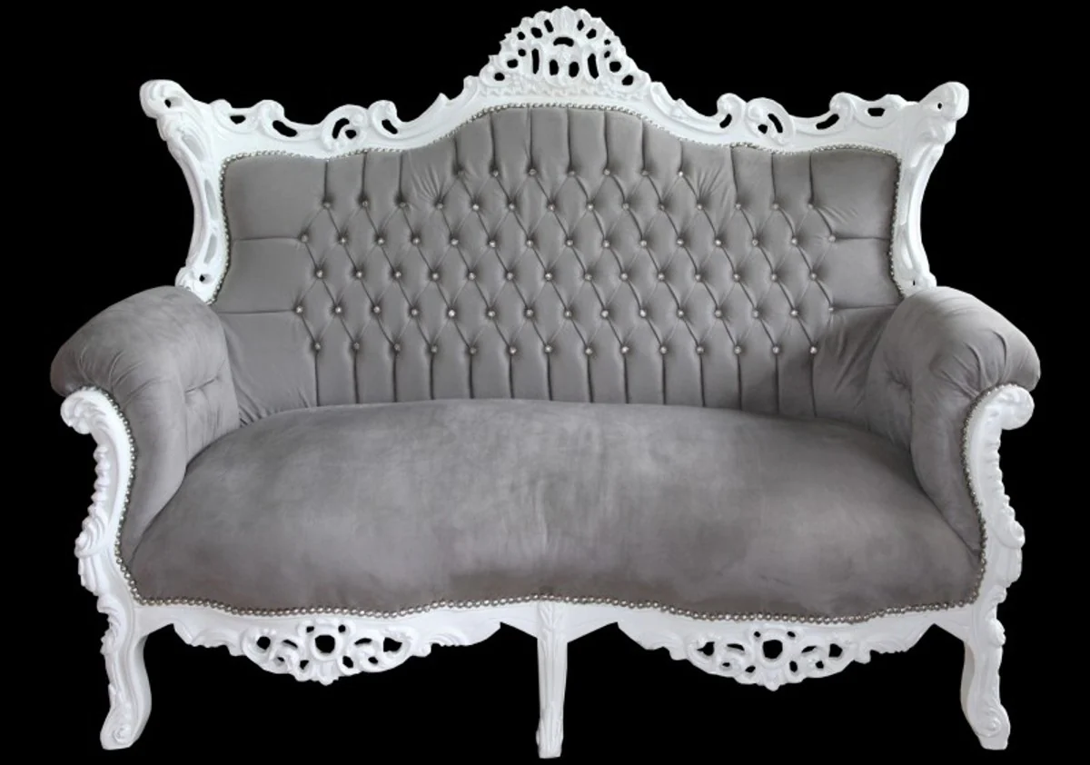 Baroque 2-seater sofa Master gray / white with bling bling glitter stones - antique style living room furniture - limited edition