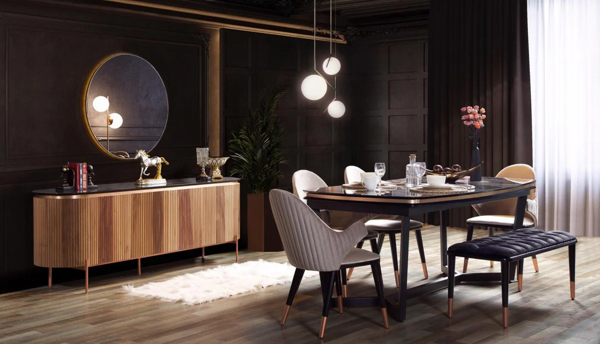 Luxury Dining Room Set Gray / Black / Copper - 1 Dining Room Table & 4 Dining Chairs & 1 Bench - Luxury Dining Room Furniture