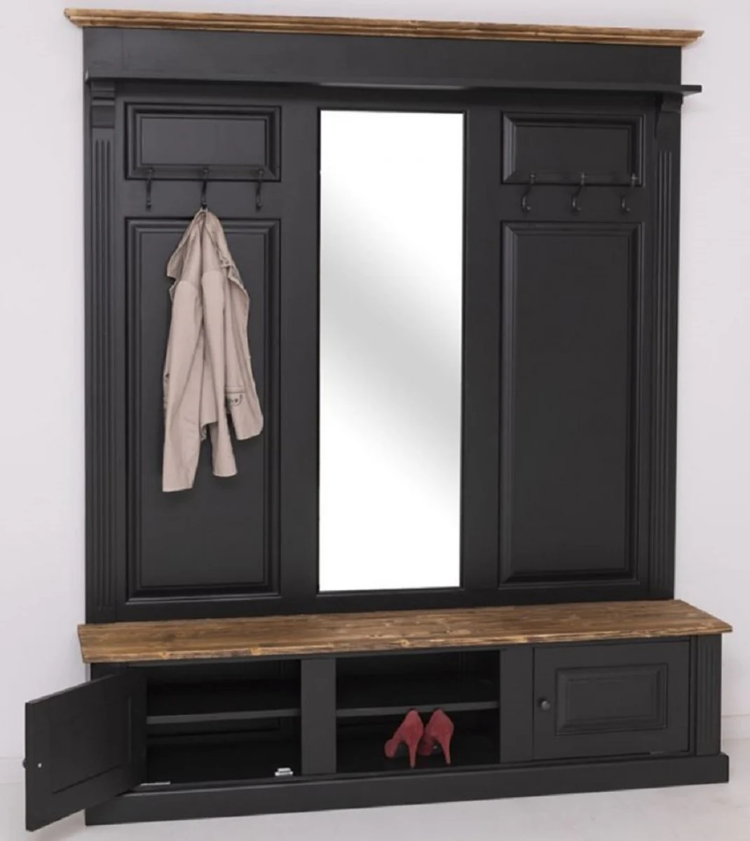 Country house style wardrobe black / brown 180 x 41 x H. 210 cm - solid wood wardrobe with mirror - country house style wardrobe furniture