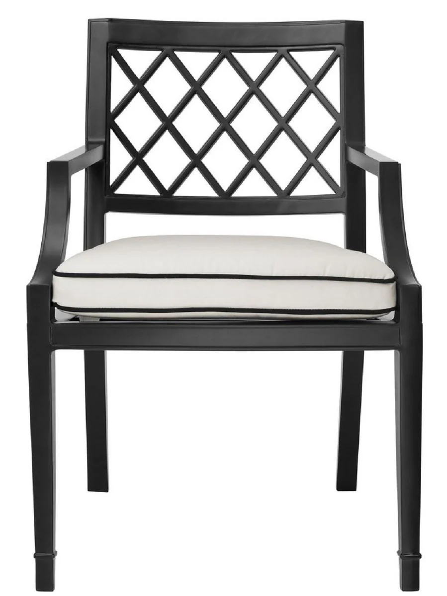 Luxury dining chair with armrests and cushions matt black / white 60 x 66 x H. 87 cm - aluminum kitchen chair - dining room furniture