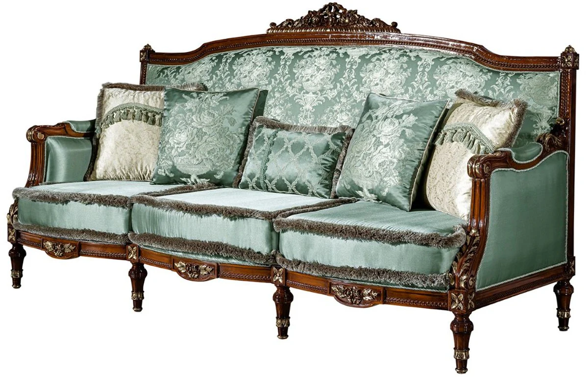 Luxury baroque sofa light green / brown 227 x 90 x H. 126 cm - living room sofa with decorative pillows - baroque furniture