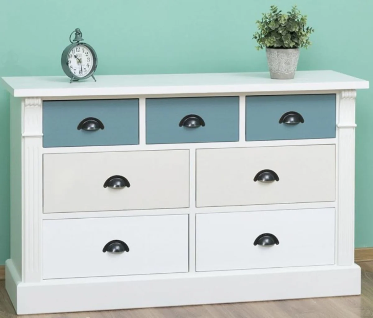 Country house style chest of drawers with 7 drawers white / cream / light blue 122 x 41 x H. 75 cm - solid wood furniture