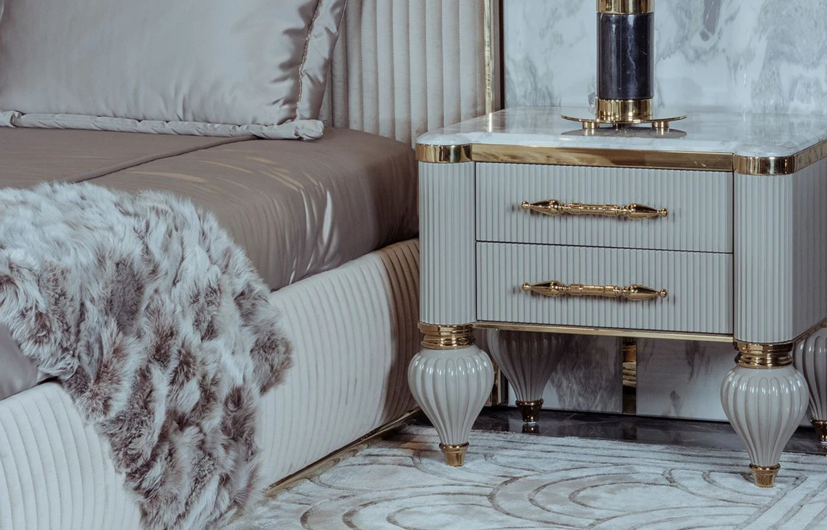 Luxury Art Deco nightstand gray / white / gold 64 x 51 x H. 59 cm - Magnificent solid wood bedside table with 2 drawers - Art Deco bedroom & hotel furniture - Luxury collection