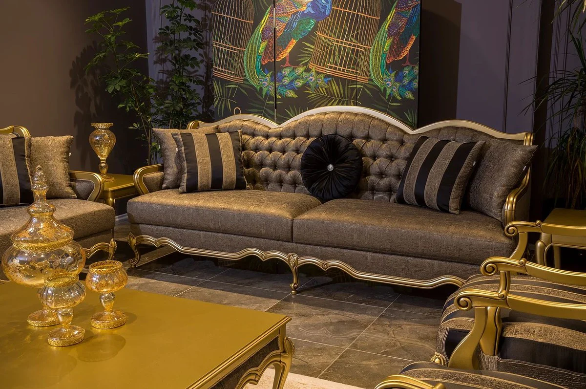 Luxury baroque sofa gray / gold 243 x 78 x H. 105 cm - Noble living room sofa with decorative pillows - Baroque living room furniture