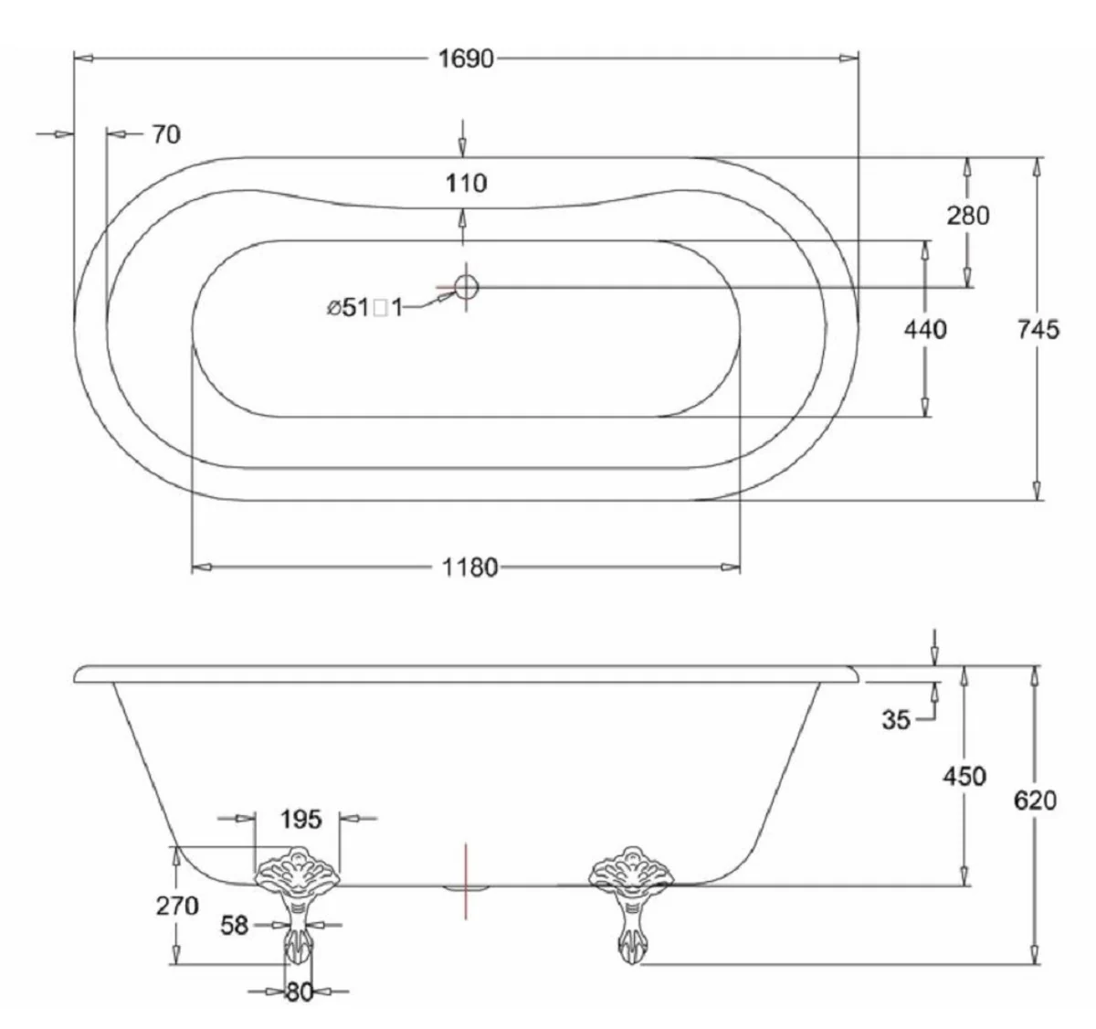 Luxury Art Nouveau bathtub white / silver 169 x 74.5 x H. 62 cm - Freestanding retro acrylic bathtub - Retro bathroom furniture