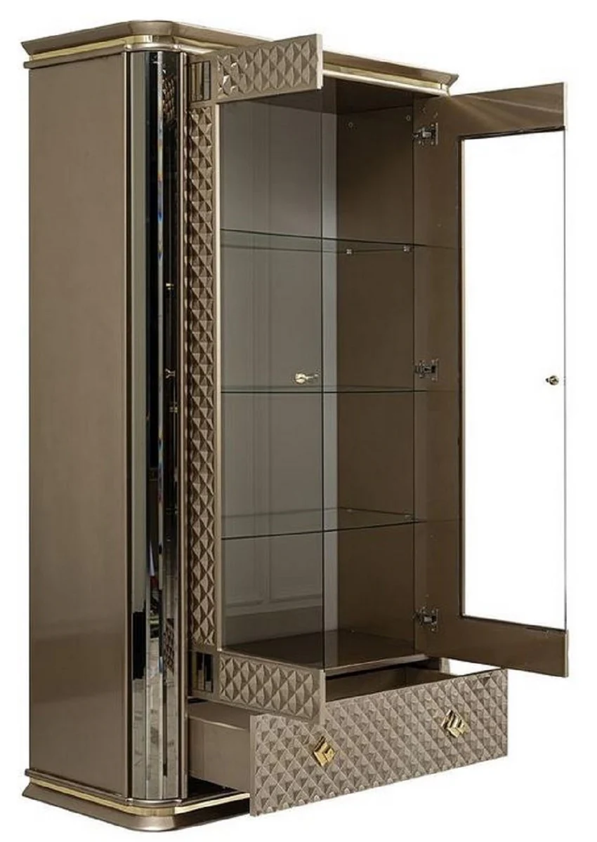 Luxury Art Deco display cabinet beige / gold - handmade solid wood display cabinet with 2 doors and drawer - noble Art Deco furniture