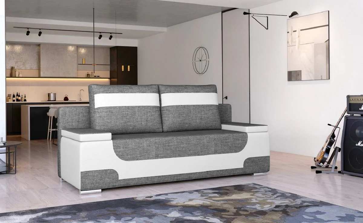 Luxury sofa bed gray / white / silver 200 x 92 x H. 90 cm - living room sofa with sleeping function - living room furniture - luxury furniture - luxury interior