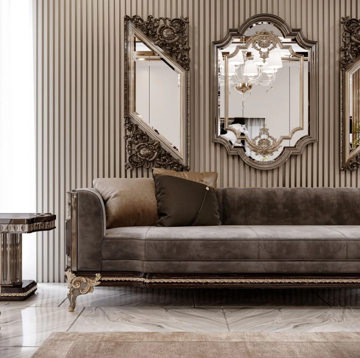 Luxury baroque sofa gray / dark brown / gold 265 cm