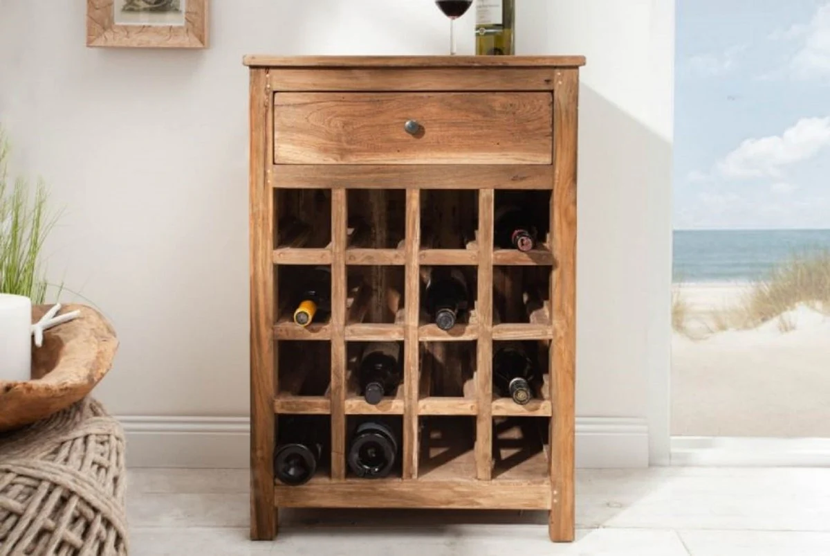 Country house style wine cabinet with drawer and wine bottle shelf natural color 56 x 31 x H. 81 cm - Bar cabinet made of recycled solid wood - Bar furniture - Country house style furniture
