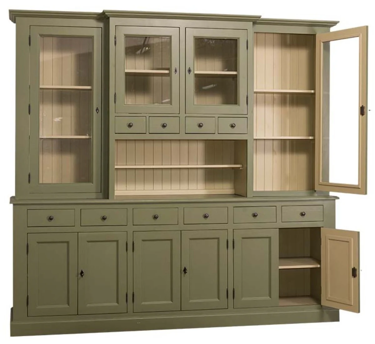 Country house style kitchen cabinet green / beige 244 x 45 x H. 225 cm - 2-part kitchen cabinet with 10 doors and 10 drawers