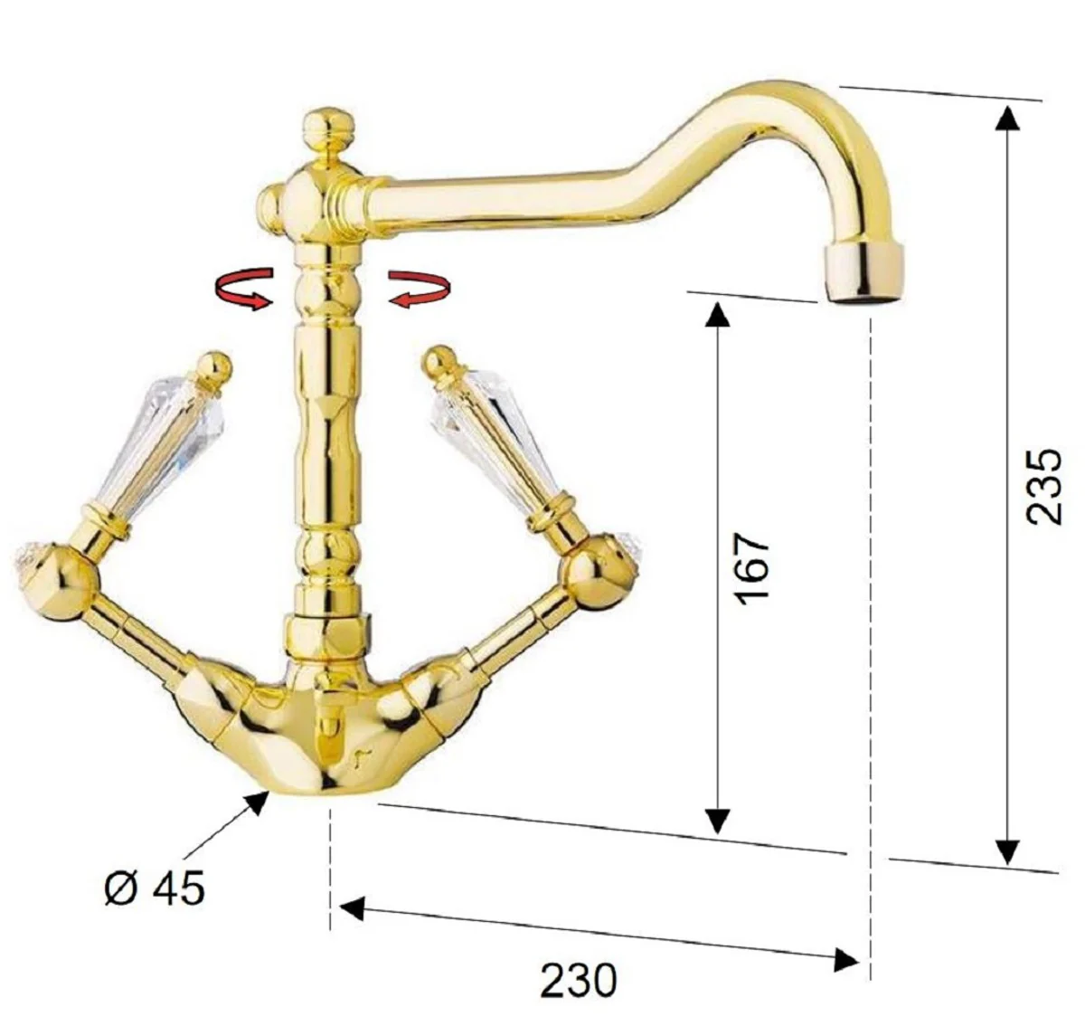 Luxury Art Nouveau wash basin fitting with Swarovski crystal glass gold H. 23.5 cm - Nostalgic bathroom accessories - Luxury quality - Made in Italy