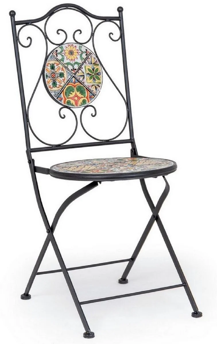 Art Nouveau garden chair set of 6 black / multicolored 39 x 47 x H. 92 cm - folding chairs with ceramic plates - nostalgic garden & catering furniture