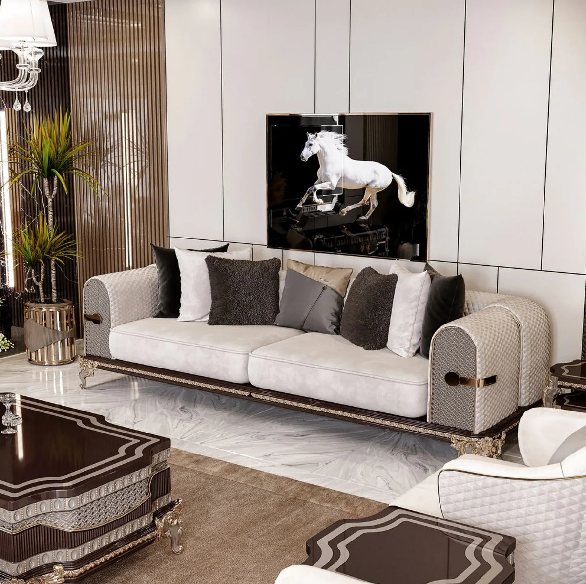 Luxury Baroque Sofa Cream / Gray / Dark Brown / Gold