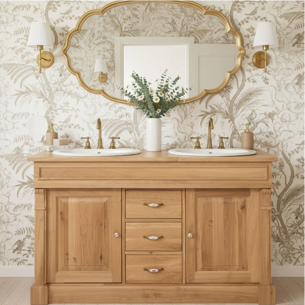 Country house style double washbasin cabinet natural color 150 cm - bathroom furniture