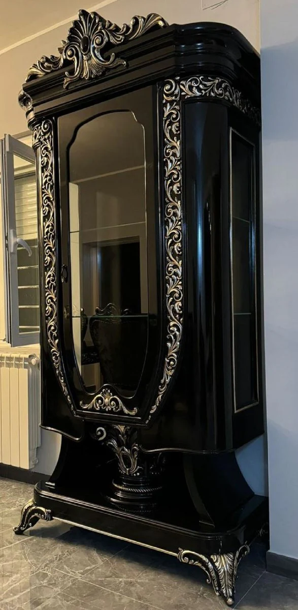 Luxury baroque display cabinet with glass door black / silver - handmade baroque furniture