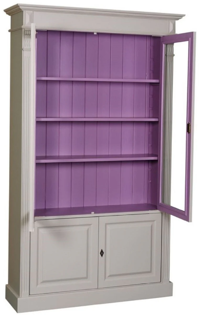 Country house style bookcase light gray / purple 119 x 39 x H. 197 cm - living room cabinet with 4 doors - solid wood cabinet - display cabinet - country house style living room furniture