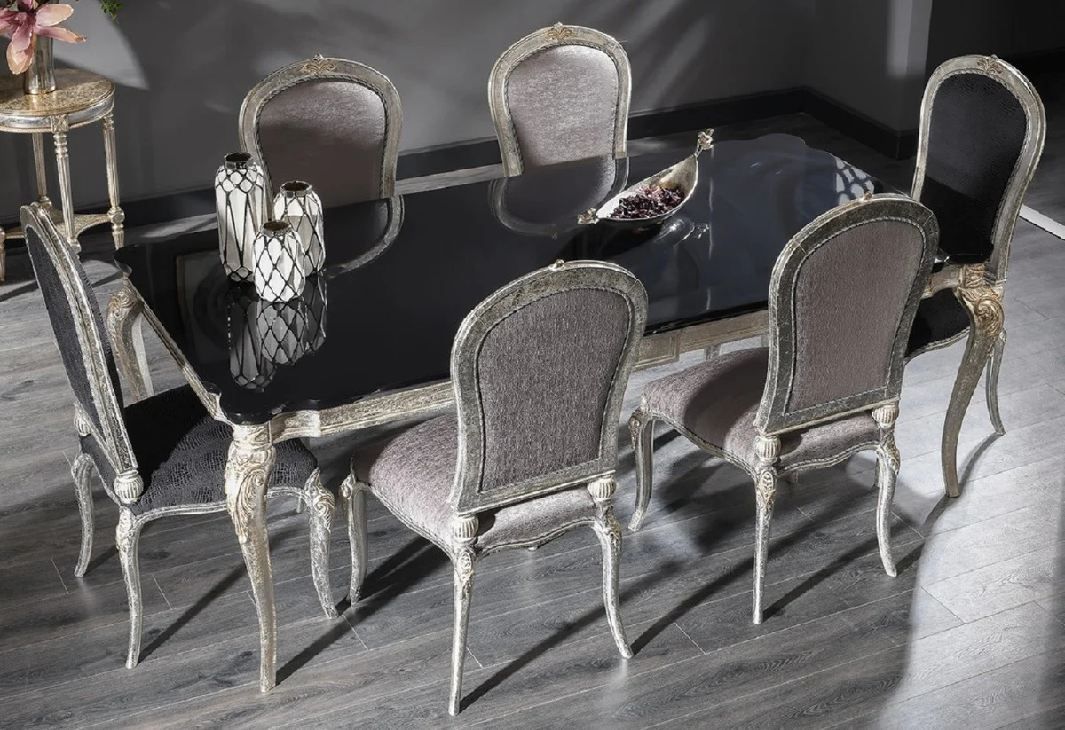 Luxury Baroque Dining Room Chair Set Dark Gray / Antique Silver / Gold - Handmade Kitchen Chairs Set of 6 - Baroque Dining Room Furniture - Noble & Magnificent