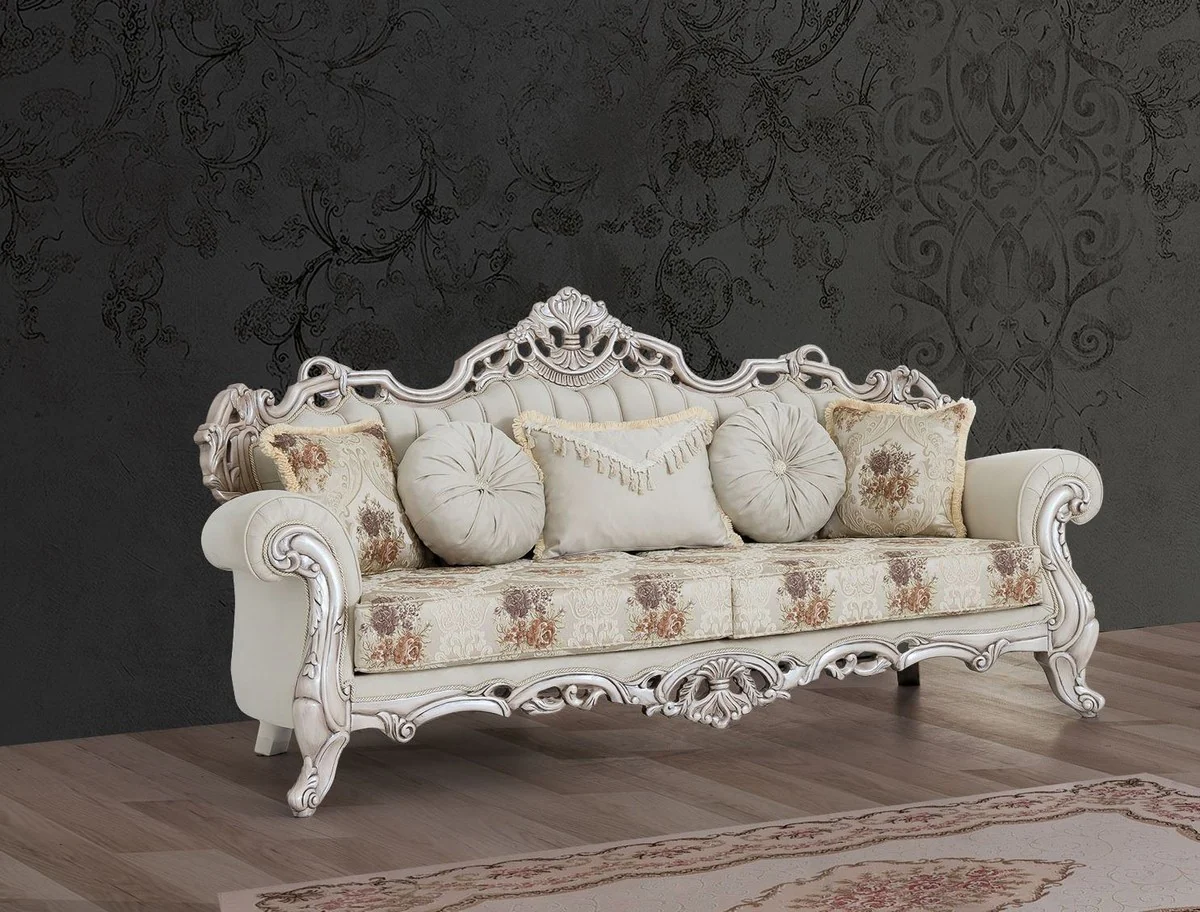 Luxury Baroque Sofa Cream / Beige / Multicolored / Antique White - Magnificent living room sofa with elegant pattern - Baroque living room furniture