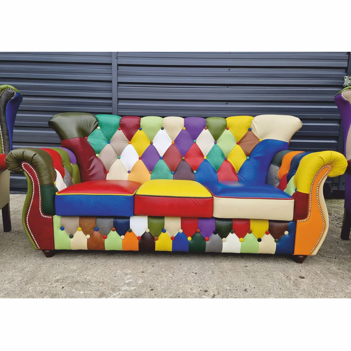 Luxury Chesterfield Leather Living Room Set Colorful / Dark Brown - Patchwork Real Leather Furniture