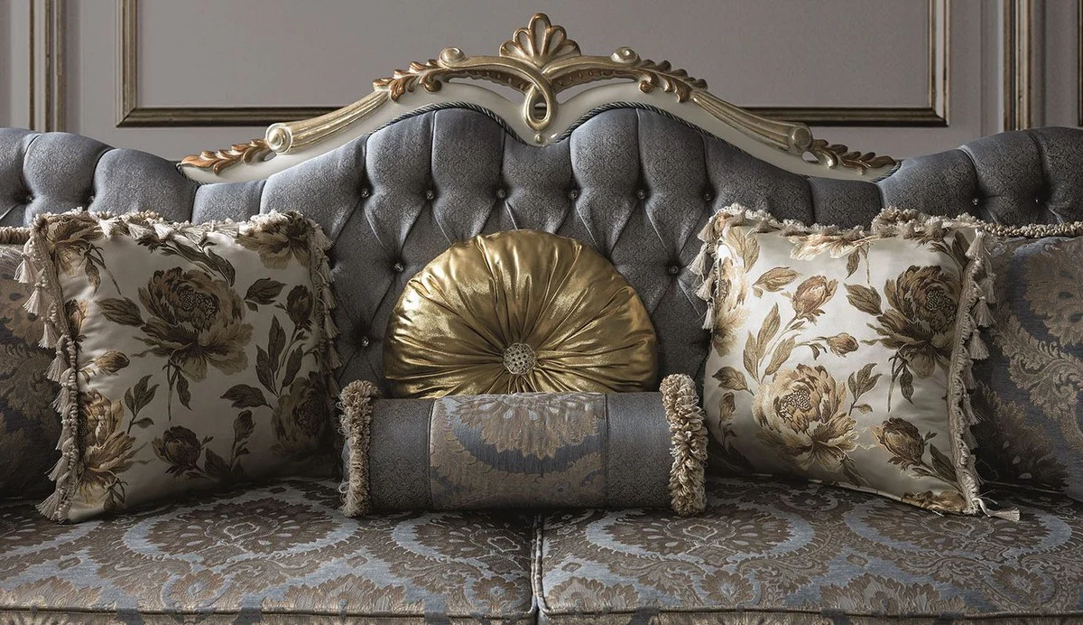 Luxury baroque living room sofa with rhinestones and decorative pillows blue / white / gold 220 x 85 x H. 110 cm - Noble living room furniture in the baroque style