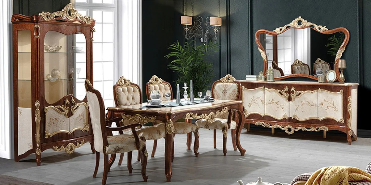 Luxury Baroque Dining Room Set Cream / Brown / Gold - 1 Baroque Dining Table & 6 Baroque Dining Chairs - Dining Room Furniture in Baroque Style - Noble & Magnificent