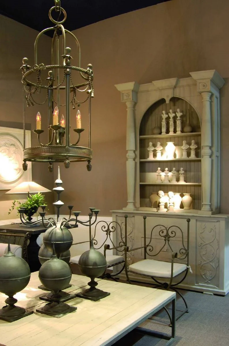 Luxury Art Nouveau garden chair with armrests and seat cushion brown / white 60 x 44 x H. 97 cm - Hand-forged dining room chair - Dining room garden patio furniture