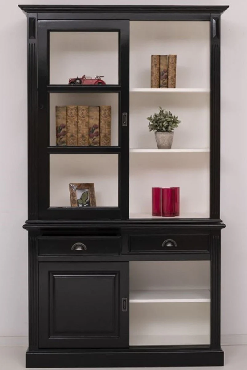 Country house style cabinet black / white 128 x 51 x H. 220 cm - solid wood display cabinet with 4 sliding doors and 2 drawers - country house style solid wood furniture
