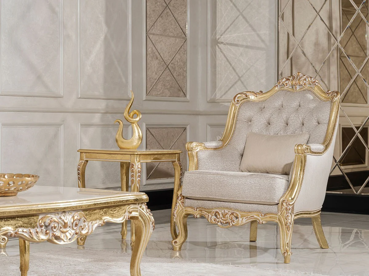 Luxury Baroque side table gold / cream / white - Square solid wood table in baroque style - Luxury living room furniture in baroque style - Baroque furniture - Noble & magnificent
