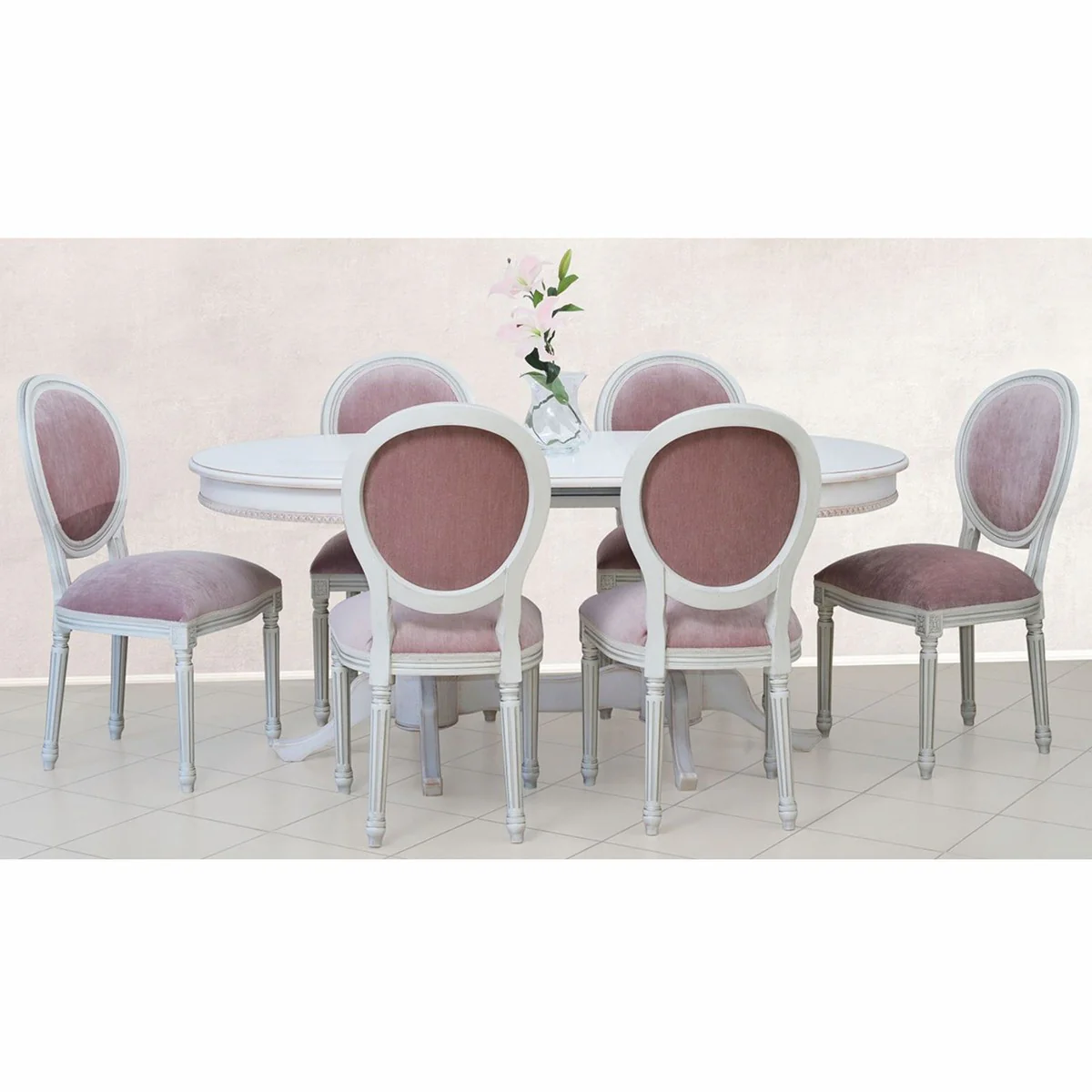 Luxury Baroque Dining Room Chair Pink / White / Silver H. 98 cm - Baroque Furniture