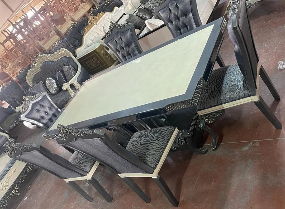 Luxury Baroque Dining Room Set Cream / Blue / Gray - 1 Baroque Dining Table & 6 Baroque Dining Chairs - Luxury Dining Room Furniture in Baroque Style - Magnificent Baroque Dining Room Furniture