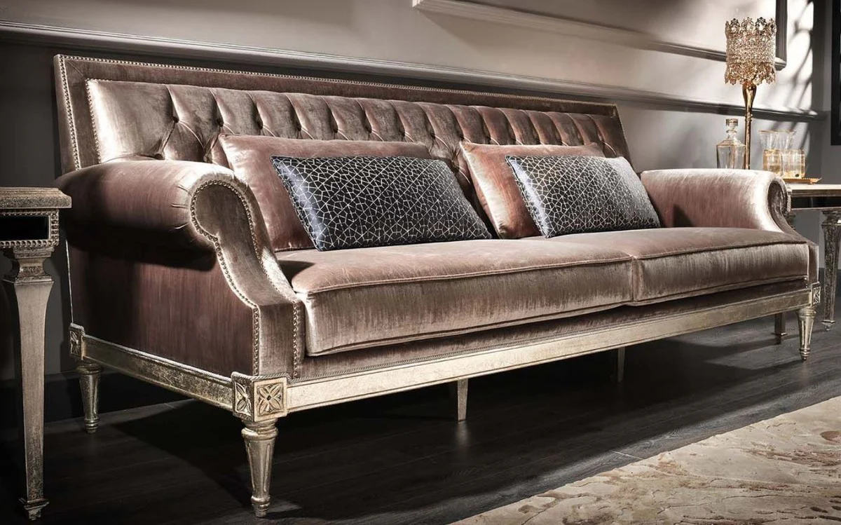 Luxury baroque living room velvet sofa pink / antique silver 250 x 88 x H. 100 cm - noble & magnificent