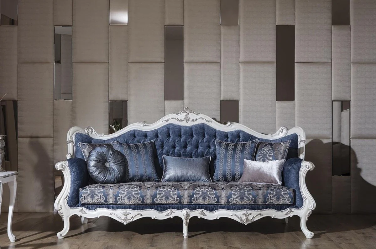 Luxury baroque living room sofa with pattern and decorative pillows blue / white / silver 240 x 90 x H. 120 cm - Magnificent baroque furniture