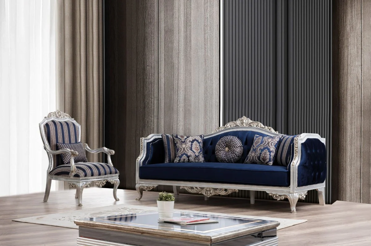 Luxury Baroque Sofa Blue / Silver / Gold 228 x 90 x H. 110 cm - Living Room Sofa in Baroque Style - Baroque Furniture - Noble & Magnificent