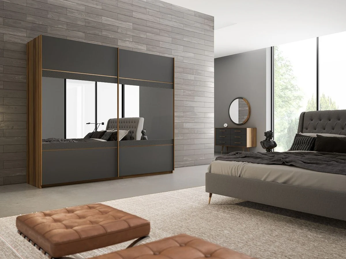 Luxury bedroom wardrobe brown / gray / brass 254 x 68 x H. 230 cm - Elegant solid wood wardrobe with 2 mirrored sliding doors - Luxury bedroom furniture