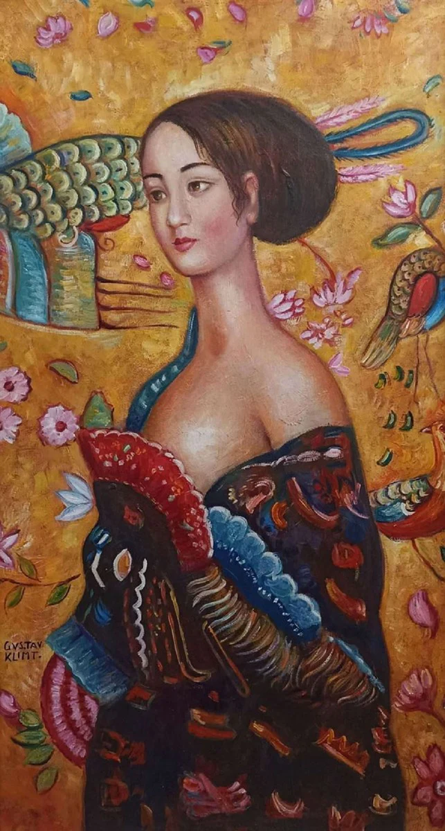 Vintage oil painting after Gustav Klimt Lady 60.96 x H. 101.60 cm - Authentic antique painting after the original - Hand painted