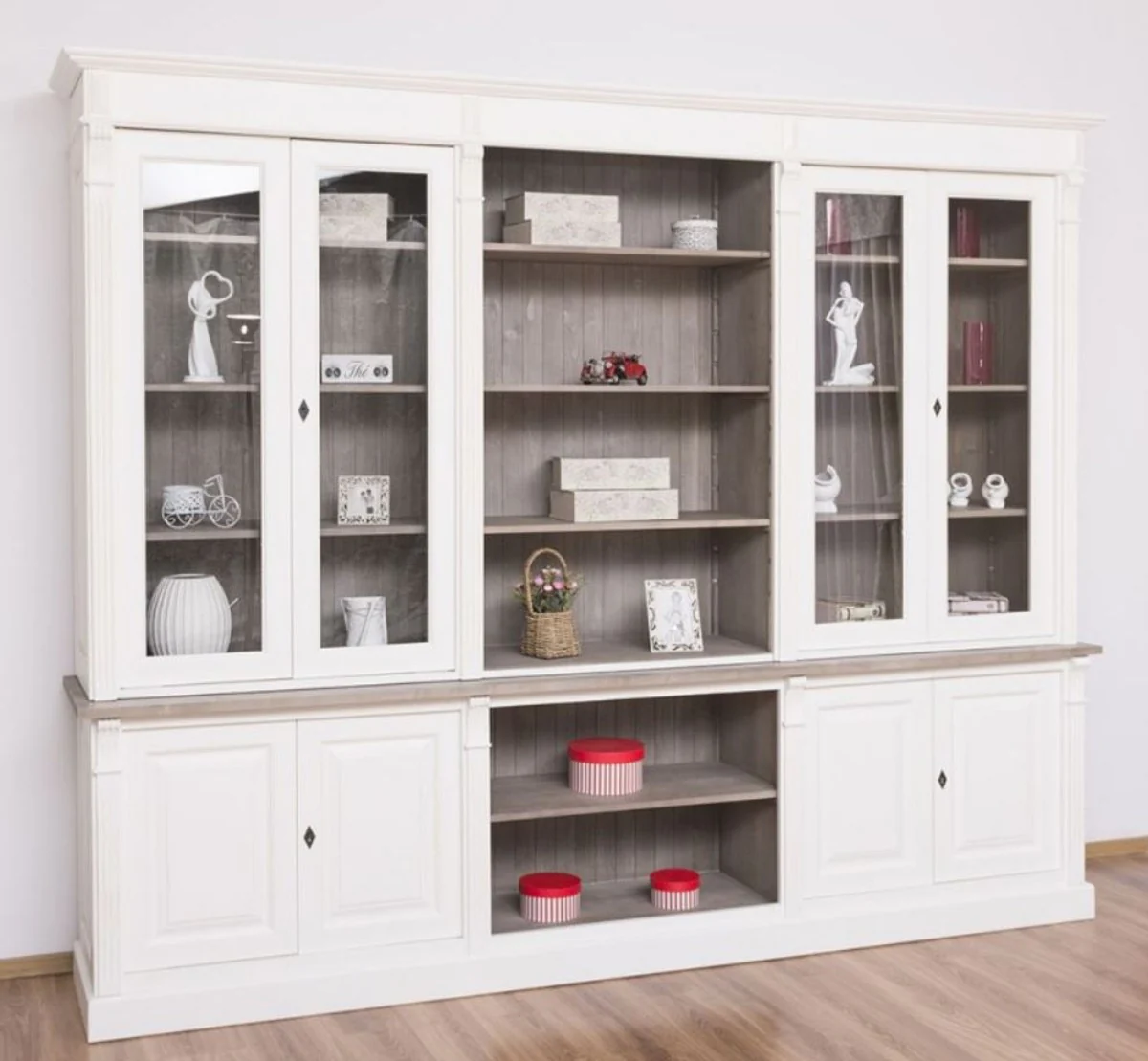 Country house style bookcase white / brown gray 286 x 51 x H. 228 cm - solid wood cupboard - living room cupboard - office cupboard - country house style furniture